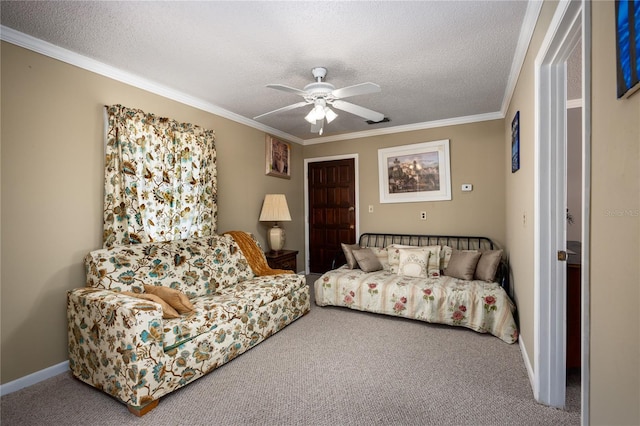 carpeted living room featuring ornamental molding, a textured ceiling, and ceiling fan