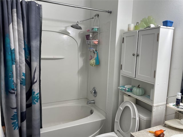 bathroom featuring toilet and shower / tub combo with curtain