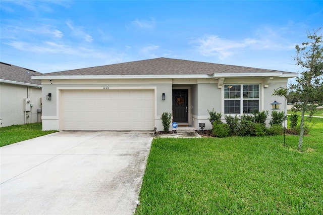 single story home with a front lawn and a garage