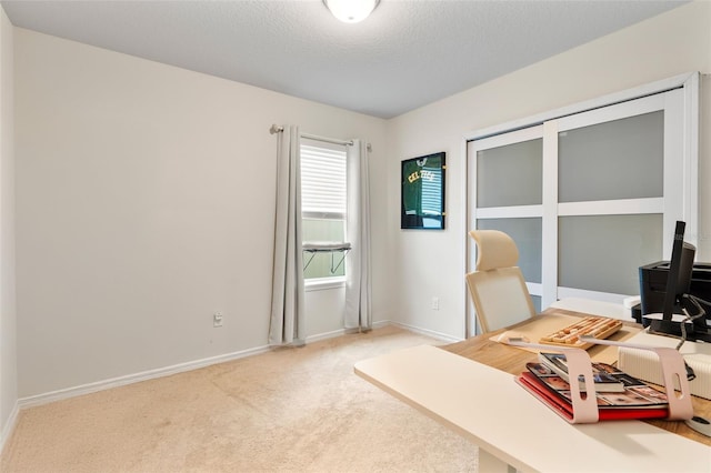 office with a textured ceiling and light colored carpet