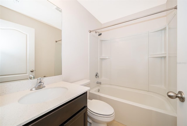 full bathroom featuring toilet, washtub / shower combination, and vanity