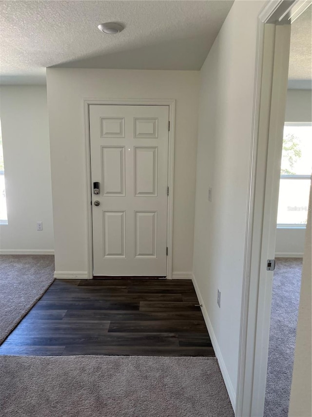 foyer featuring a textured ceiling and dark hardwood / wood-style flooring