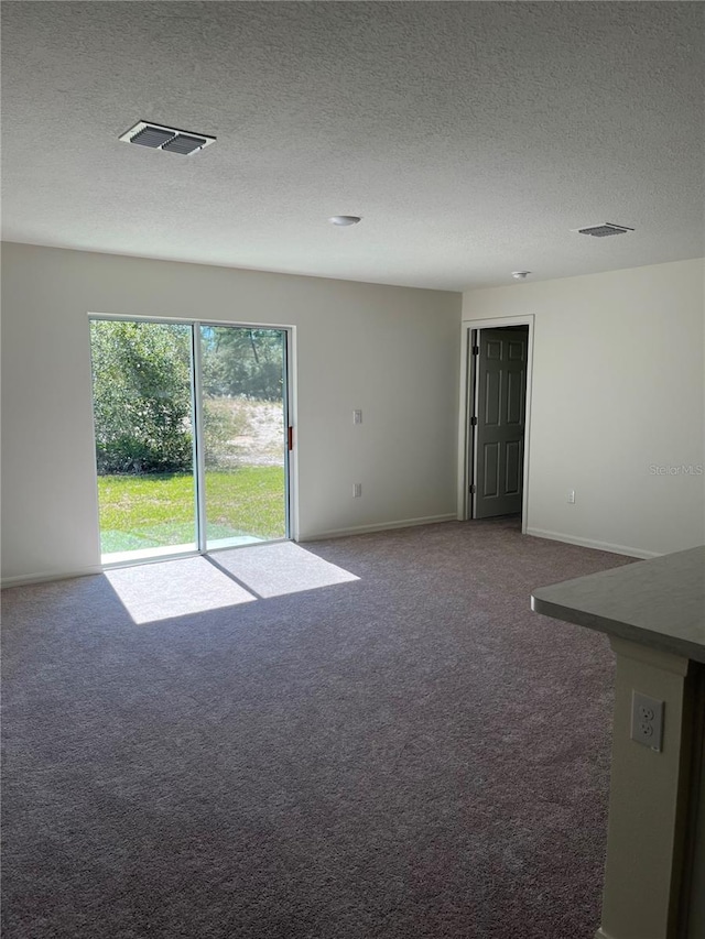 empty room with a textured ceiling and carpet flooring