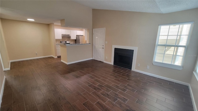 unfurnished living room featuring dark wood-type flooring, a textured ceiling, and lofted ceiling