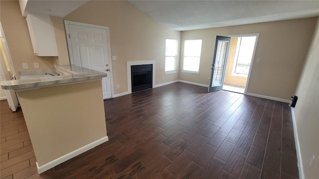 unfurnished living room with lofted ceiling, a textured ceiling, and dark hardwood / wood-style flooring