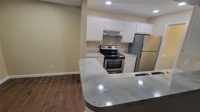 kitchen with kitchen peninsula, white cabinets, appliances with stainless steel finishes, dark wood-type flooring, and sink