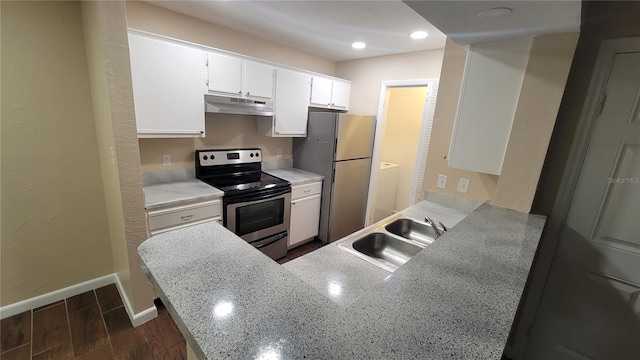 kitchen with kitchen peninsula, white cabinets, dark hardwood / wood-style flooring, appliances with stainless steel finishes, and sink