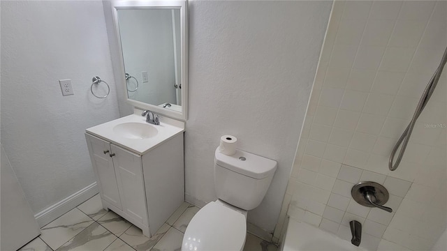 bathroom with toilet, shower / bathtub combination, baseboards, marble finish floor, and vanity