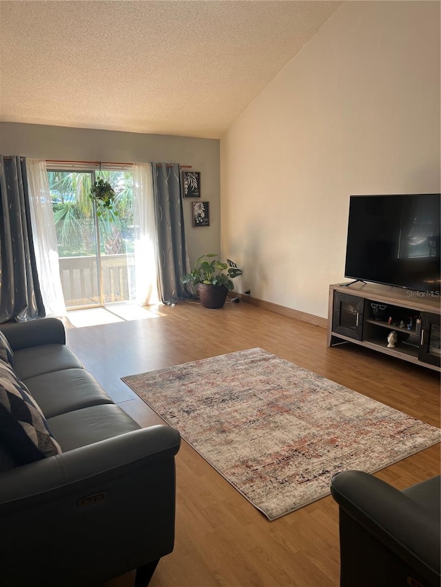 living room featuring hardwood / wood-style floors and a textured ceiling