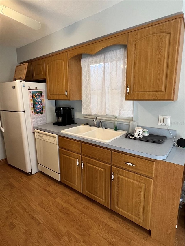 kitchen featuring light hardwood / wood-style flooring, ceiling fan, sink, and white appliances