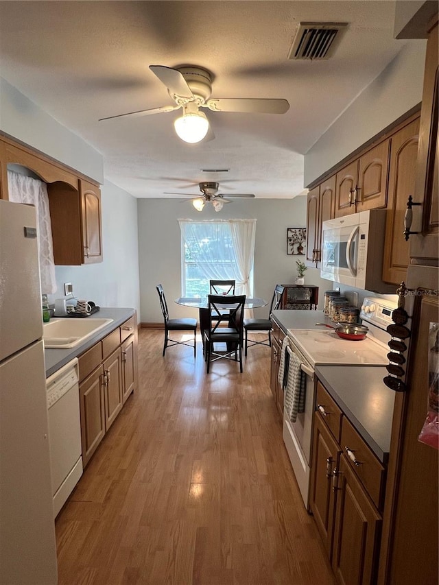 kitchen featuring sink, light hardwood / wood-style floors, white appliances, and ceiling fan