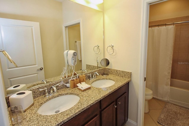 full bathroom with vanity, shower / bathtub combination with curtain, toilet, and tile patterned flooring