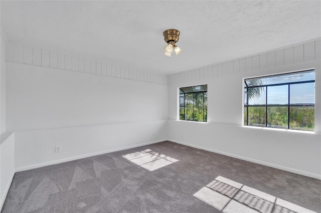 unfurnished room featuring carpet floors, a textured ceiling, and baseboards