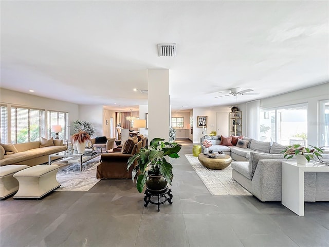 living room with ceiling fan