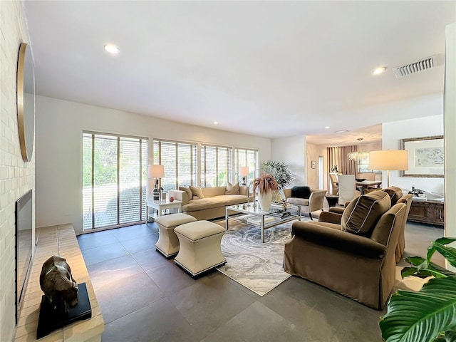 living room featuring a fireplace