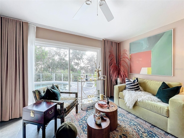 living room with ceiling fan