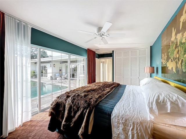 carpeted bedroom featuring ceiling fan and access to exterior