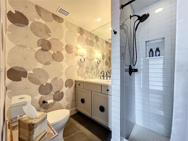 bathroom featuring toilet, tile walls, vanity, and curtained shower