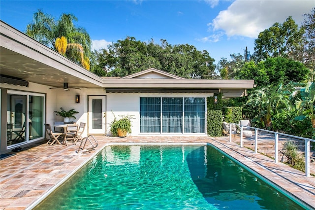 view of pool featuring a patio area and ceiling fan