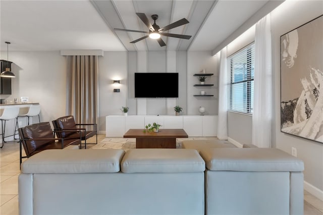 living room with light tile patterned flooring and ceiling fan