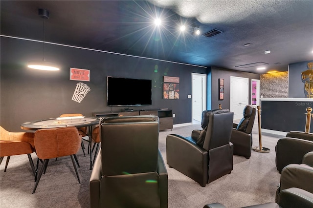 cinema room with a textured ceiling