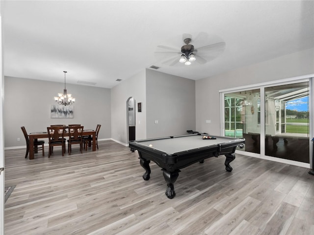 game room with pool table, ceiling fan with notable chandelier, and light wood-type flooring