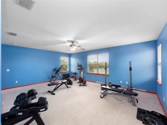 workout area featuring carpet flooring, a textured ceiling, and ceiling fan