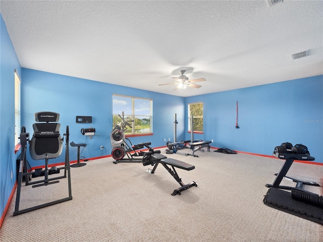 exercise room with ceiling fan, carpet, and a textured ceiling