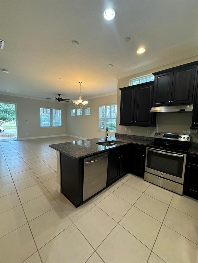 kitchen featuring sink, ornamental molding, stainless steel appliances, and a wealth of natural light