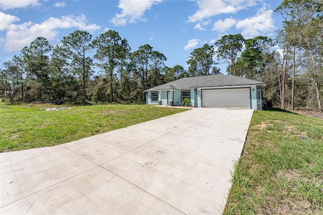 ranch-style home with a front yard and a garage