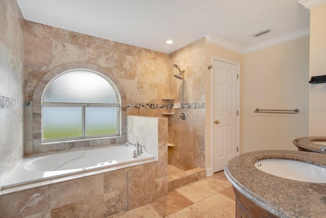 bathroom with vanity, crown molding, and separate shower and tub