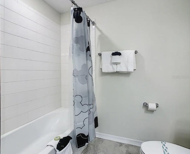 bathroom with toilet and shower / bathtub combination with curtain