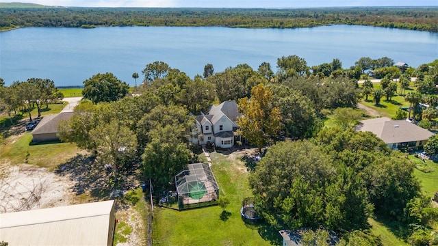 drone / aerial view with a water view