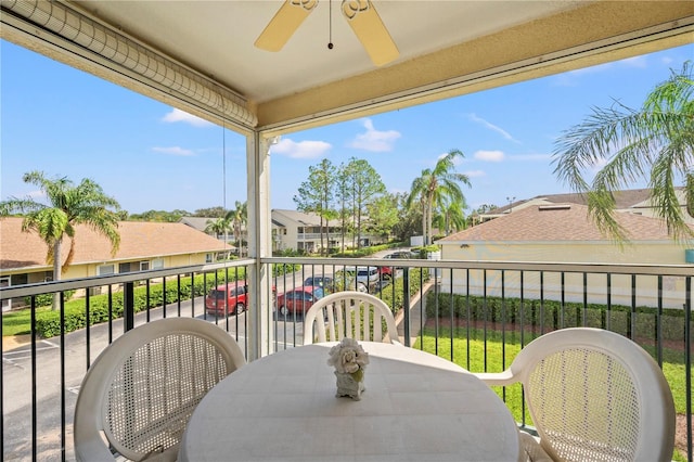 balcony featuring ceiling fan