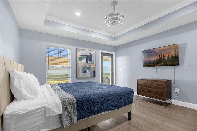 bedroom featuring a tray ceiling and hardwood / wood-style floors