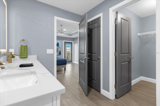 bathroom featuring ceiling fan, vanity, and wood-type flooring