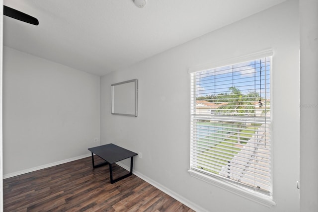 spare room featuring ceiling fan and dark hardwood / wood-style flooring