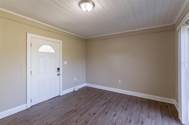 entrance foyer with crown molding, wood ceiling, and wood-type flooring