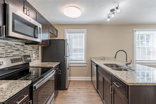 kitchen with stainless steel appliances, backsplash, sink, light stone counters, and light hardwood / wood-style floors