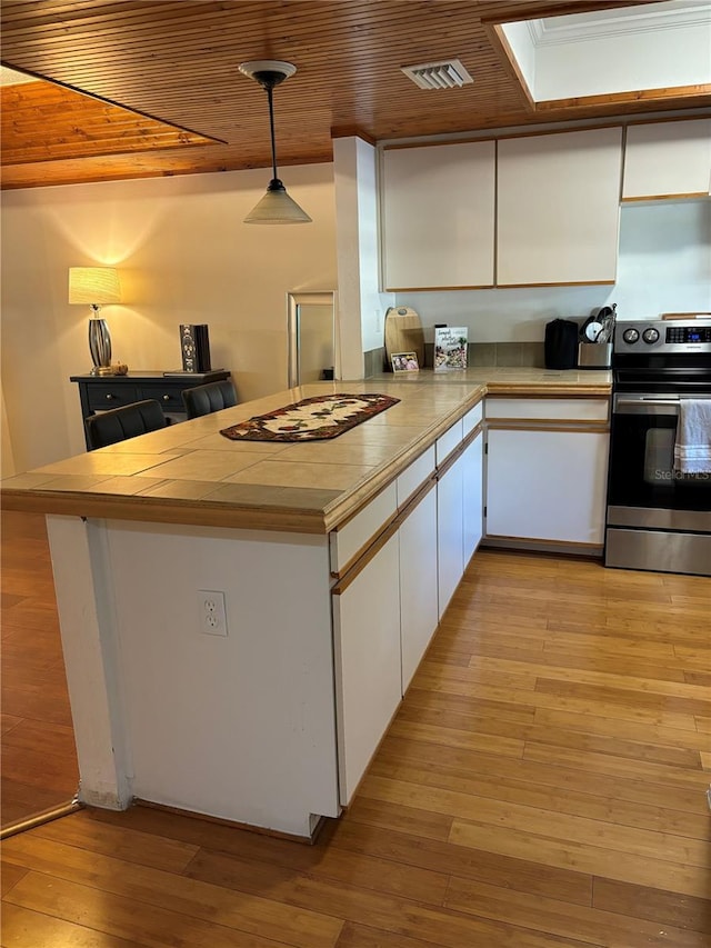 kitchen with light wood finished floors, electric range, white cabinets, and wooden ceiling