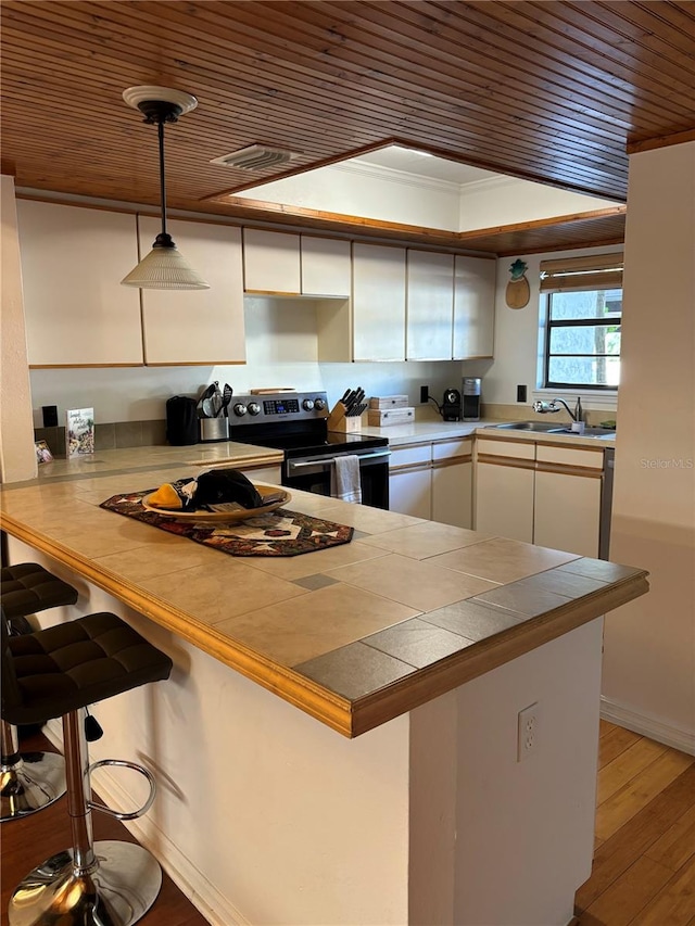 kitchen with wood ceiling, stainless steel electric range, a peninsula, and white cabinetry