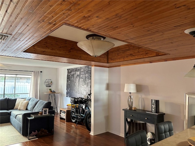 living room with visible vents, wood ceiling, and dark wood-type flooring