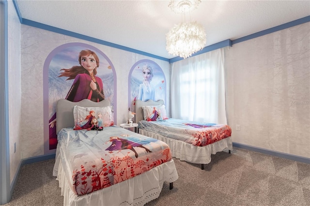 bedroom with carpet, a notable chandelier, and a textured ceiling