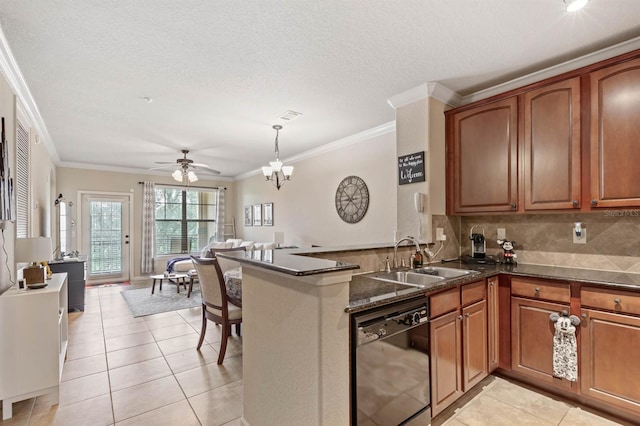 kitchen with sink, dishwasher, kitchen peninsula, and ornamental molding