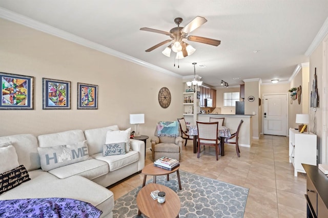 living room with crown molding, baseboards, a ceiling fan, and light tile patterned flooring