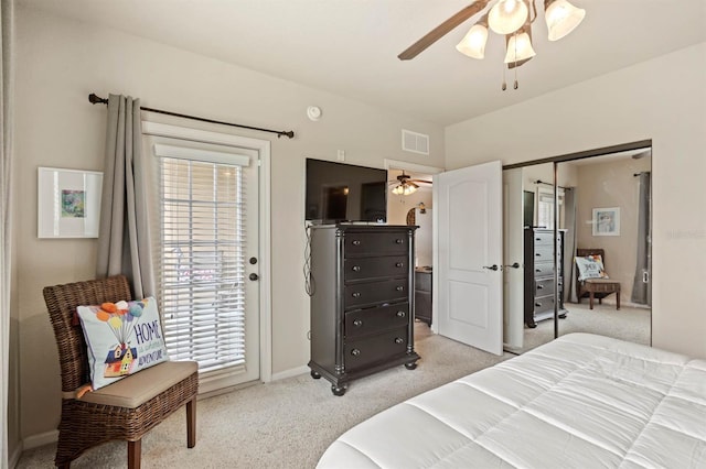 bedroom featuring ceiling fan, light colored carpet, visible vents, baseboards, and access to outside