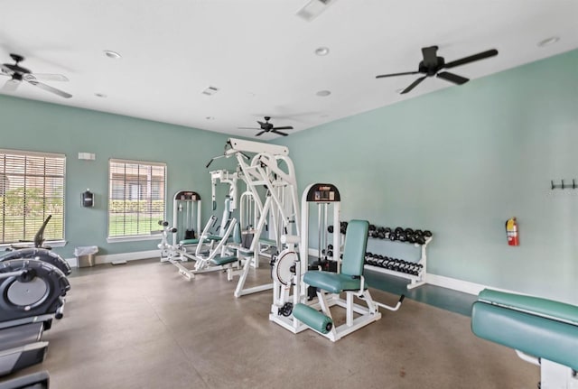 exercise room featuring baseboards, a ceiling fan, recessed lighting, and visible vents