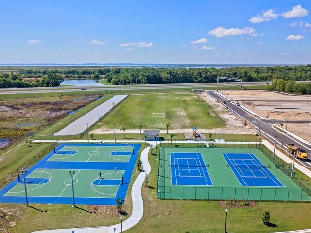 bird's eye view with a water view