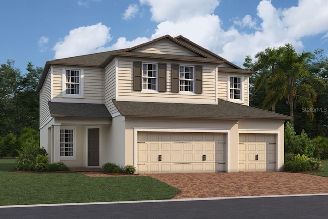 view of front of property with a garage and a front lawn