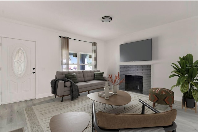 living room with a brick fireplace and light hardwood / wood-style flooring